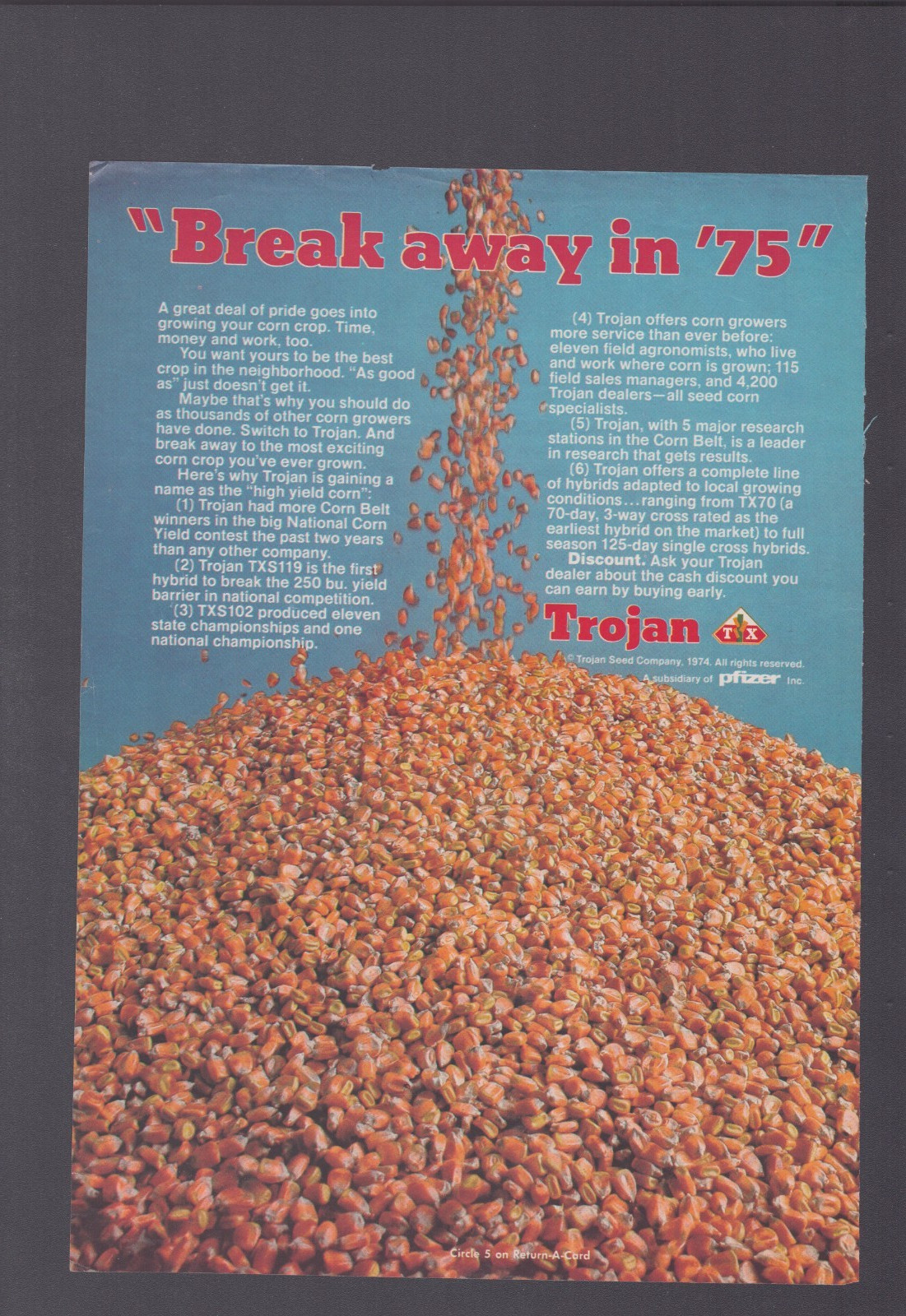 1974 Print Ad Trojan Seed Company Pfizer Break Away in ’75 Corn Crop