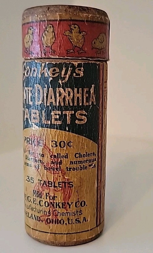 Antique Conkeys White Diarrhea Tablets Chicks Farm Medicine Rare Wood Bottle SEE