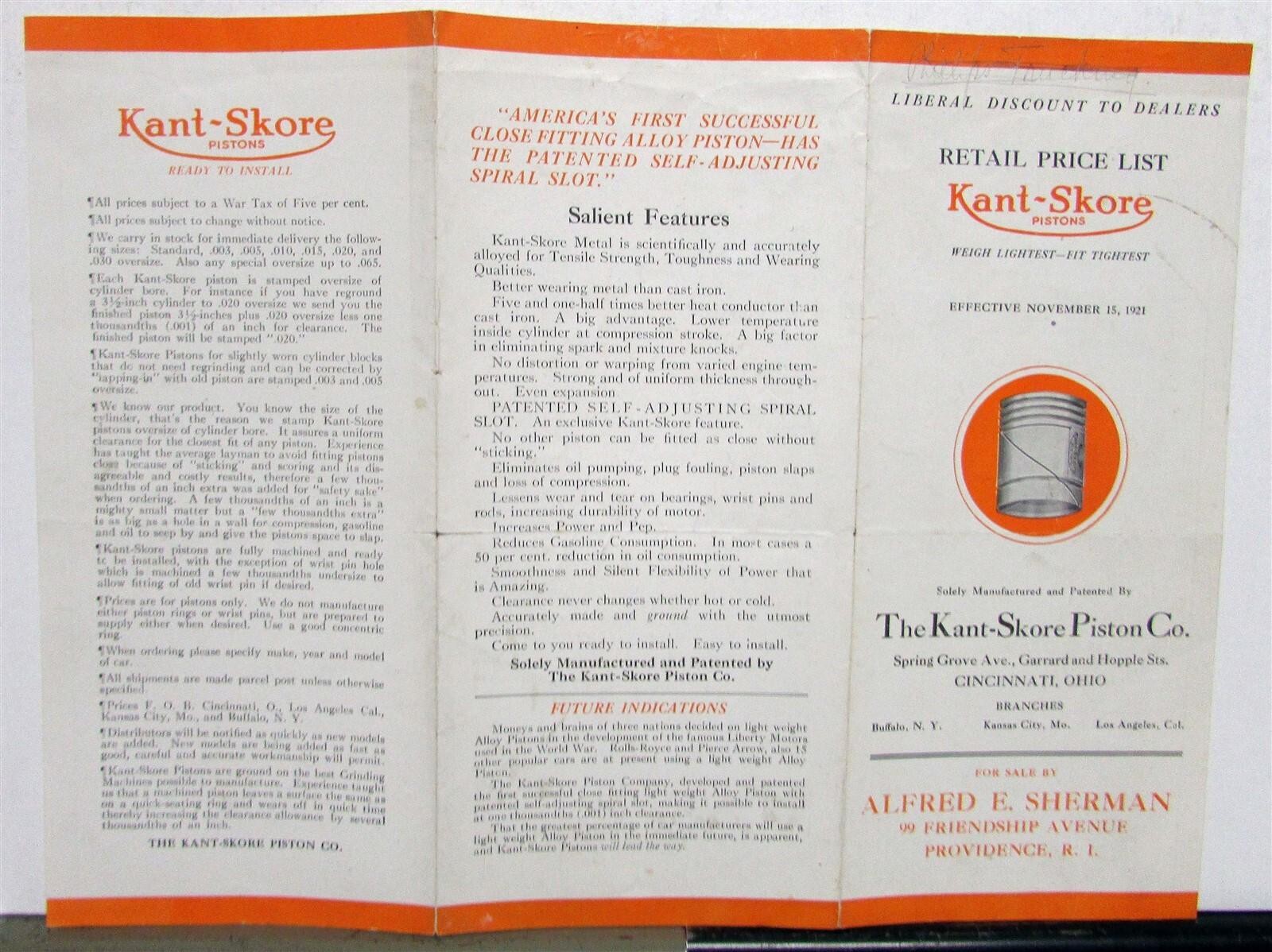 1921 Kant Skore Pistons Retail Pricing Lists Brochure