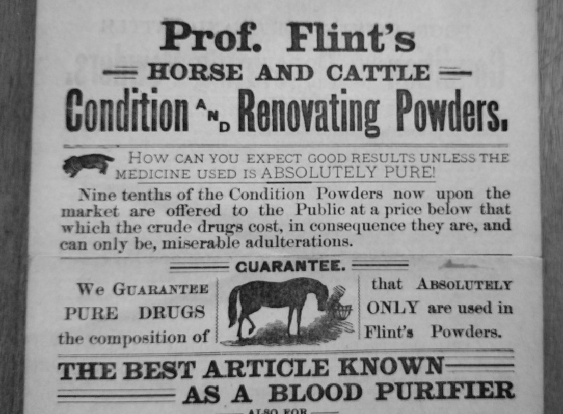 1893 Prof. Flint’s Horse and Cattle Powders 2 Sided Ad Enosburg Falls, VT