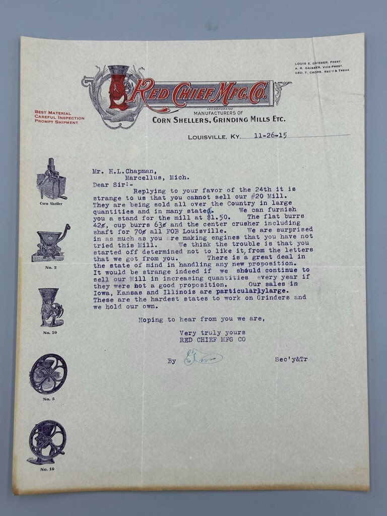 1915 RED CHIEF MILL Corn Sheller FARM Advertising Antique Letter LOUISVILLE KY