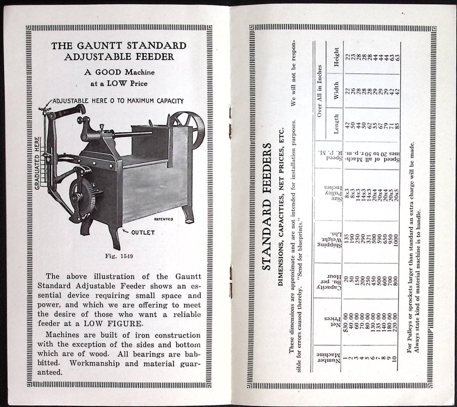 W J Savage The Gauntt Adjustable Continuous FEEDER ILLUSTRATED Industrial K169