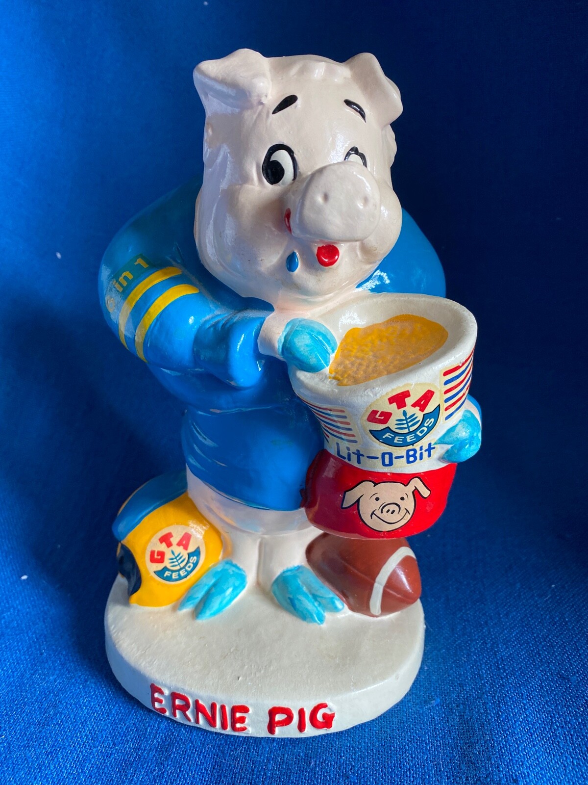 Vintage 1960s Ernie Pig GTA Feeds Advertising Figure Bank Football Chalkware VG