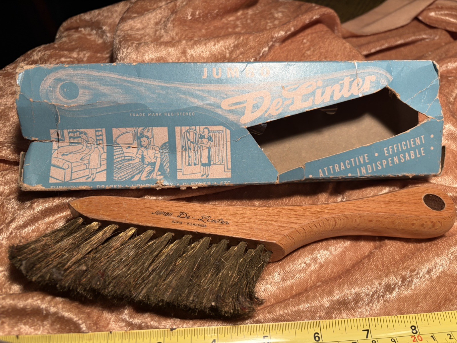 Vintage Advertising delinter wire bristles Jumbo wood handle 9” clothes fabric