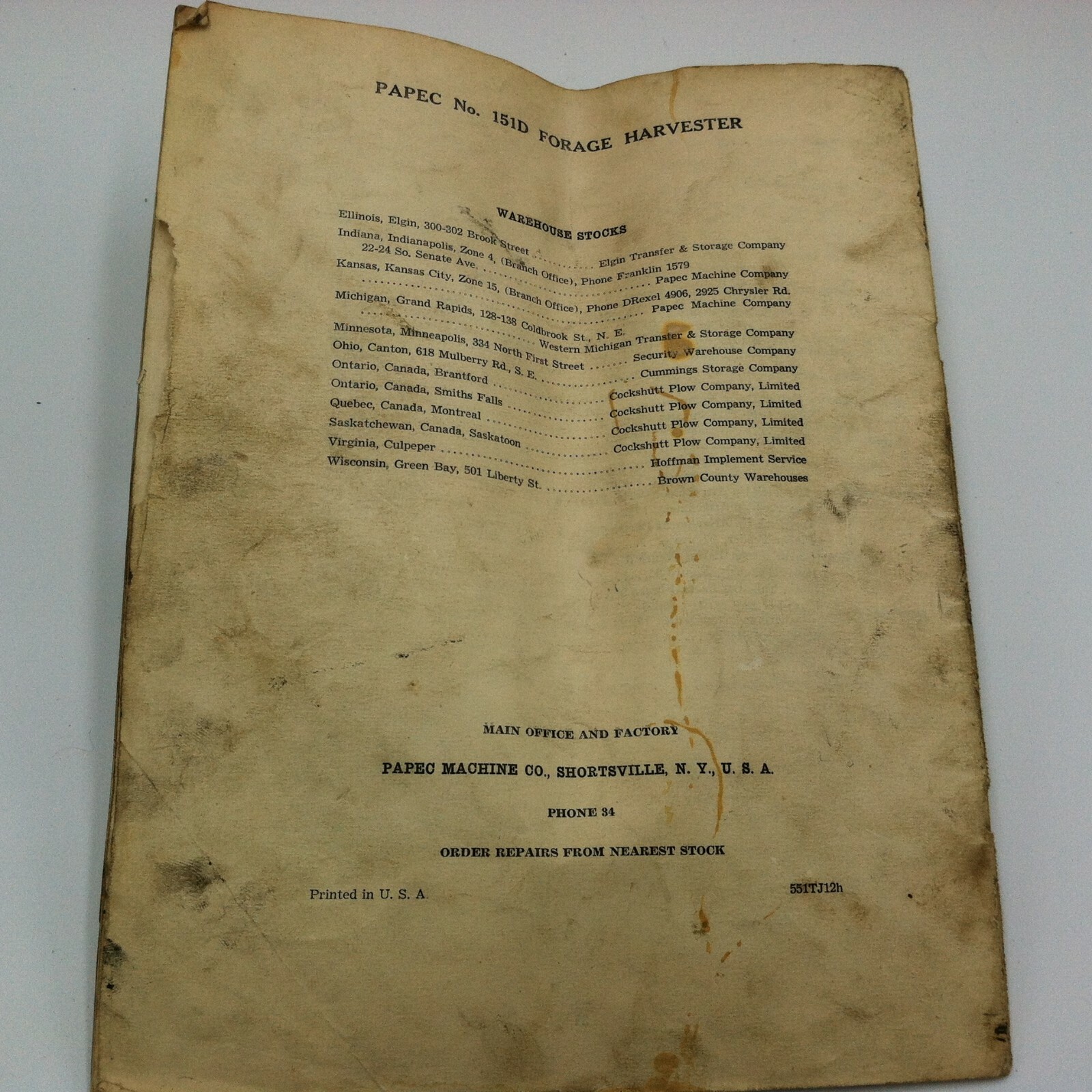 1951 No. 151D Papec Forage Harvester Assembly Operation parts list manual