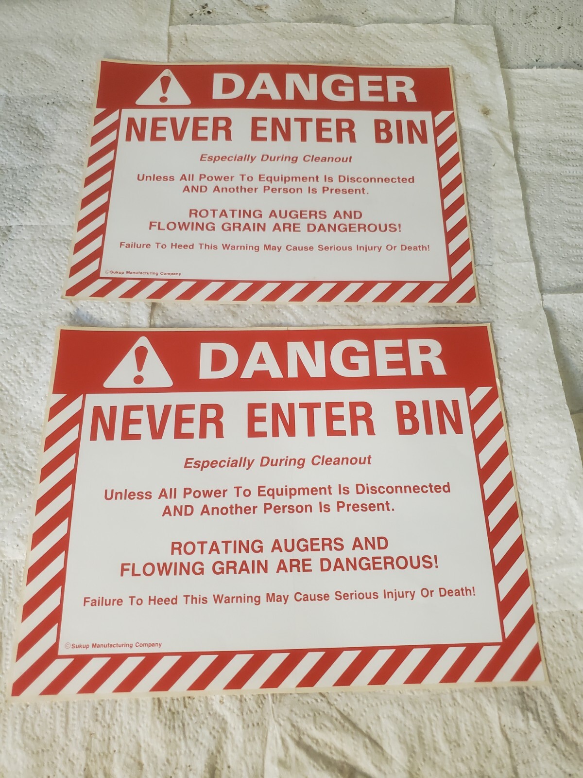 2 11″ X 8-1/2″ Peel Off Stickers Danger Never Enter Bin Sukup Corn Grain Farm