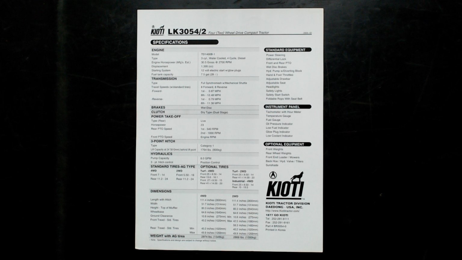 Kioti LK3054/2 Four Wheel Drive Compact Tractor Brochure Vintage