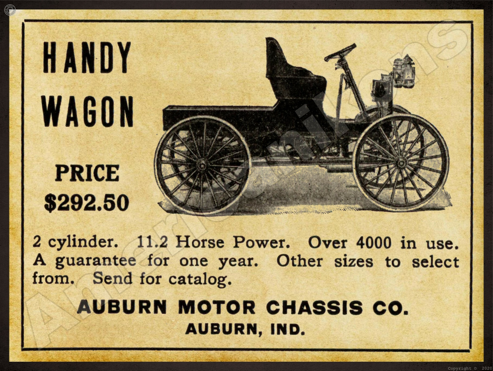 1912 Auburn Motor Chassis Co. New Metal Sign: Handy Wagon – Auburn, Indiana