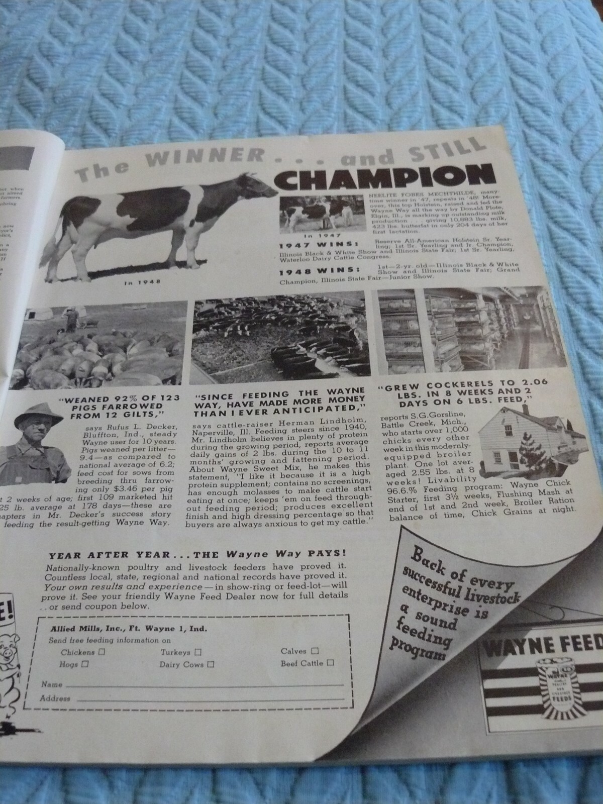 THE FARM -AD- Winter 1948 – WAYNE FEEDS – DAIRY – The Winner . . Still Champion