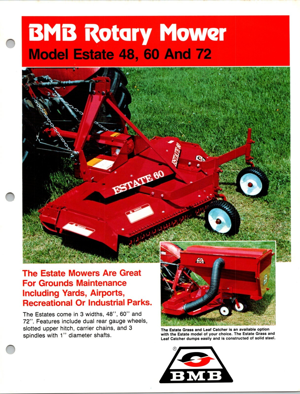 One(1) BMB Rotary Mower Model Estate 48 60 72 Dealer Sales Specs Acces. Brochure