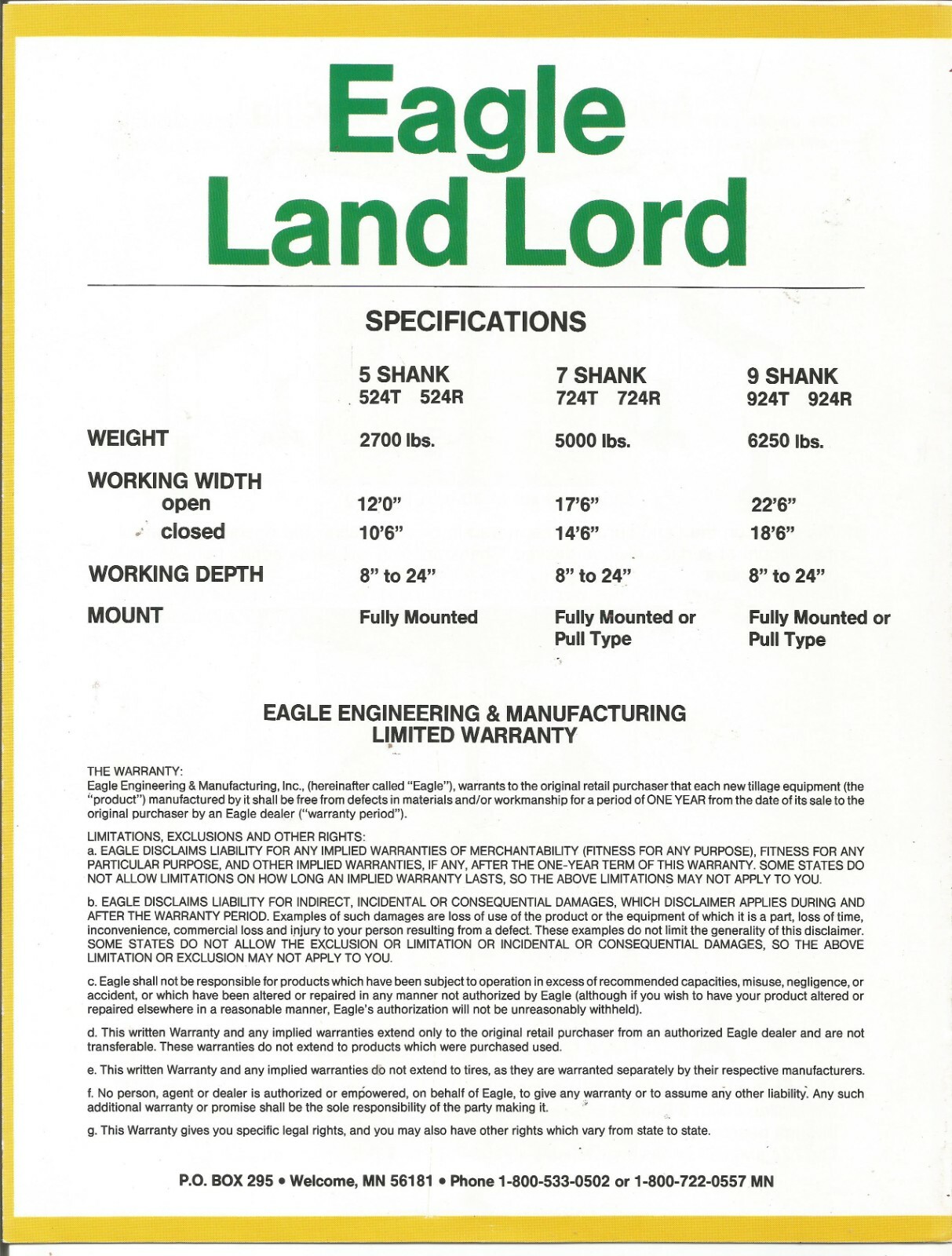Original Eagle Land Lord 524T 524R 724R 724T 924R 924T Sub Soiler Sales Brochure