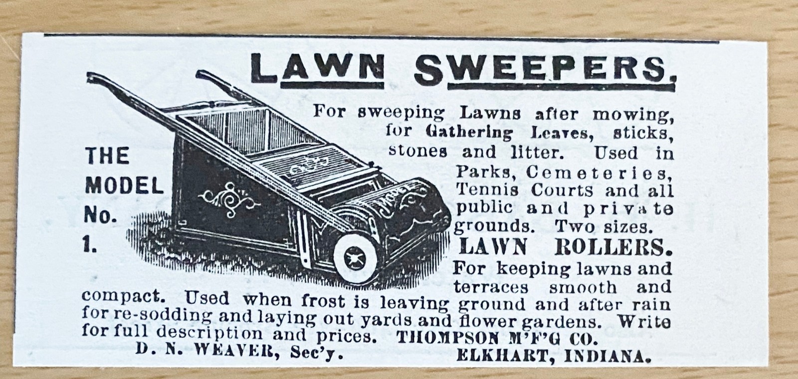 Thompson Mfg. Co. LAWN SWEEPERS The Model No.1 Roller 1892 Print Ad~Elkhart,Ind.