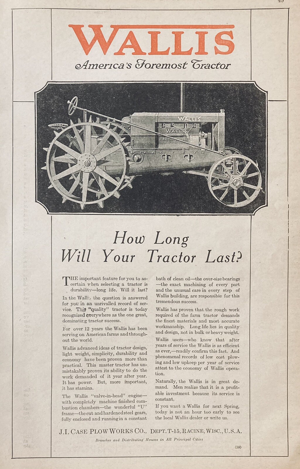 1919 AD(XH45)~J.I. CASE PLOW CO. RACINE, WIS. WALLIS TRACTORS