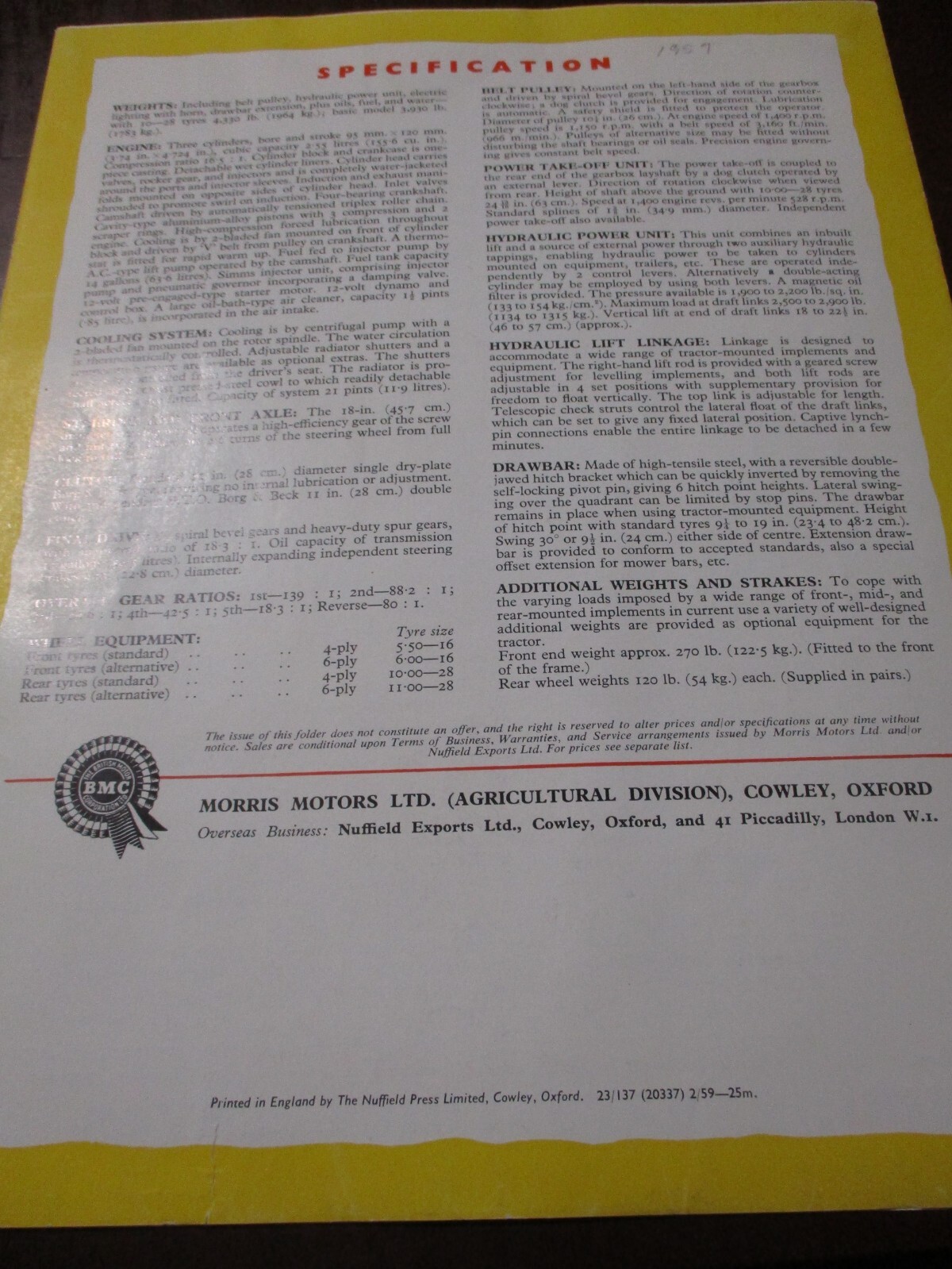 Nuffield 3 & 4 Cylinder Tractors Sales/Specifications Brochure 1959