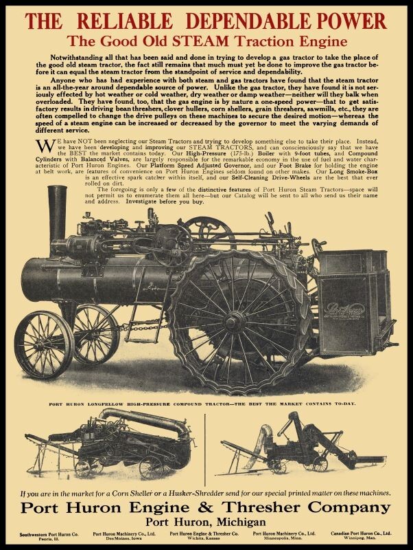 1915 Port Huron Steam Traction Engine, Thresher NEW Sign 18 x 24″ USA STEEL