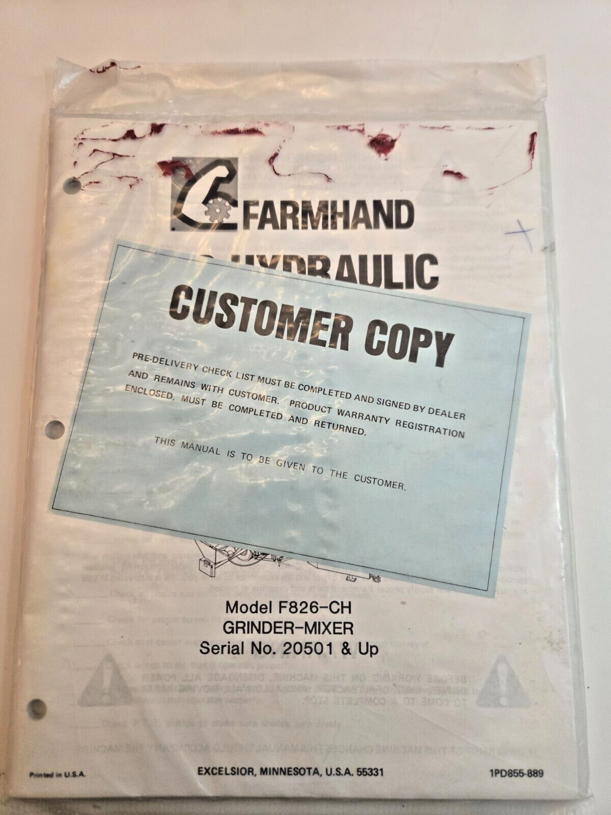 Farmhand 822 Model F826-CH Grinder-Mixer 20501 & Up Operators Manual Sealed