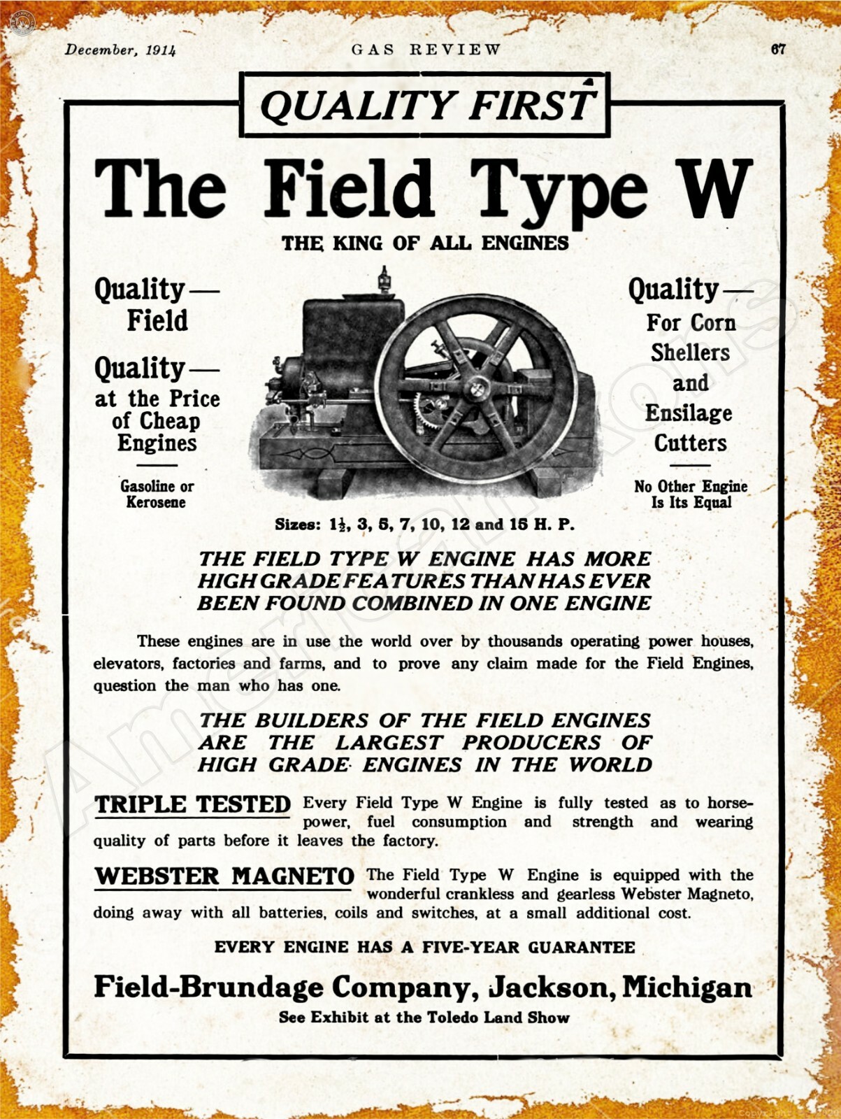 1913 Field-Brundage Type W Gas Engine New Metal Sign: Jackson, Michigan