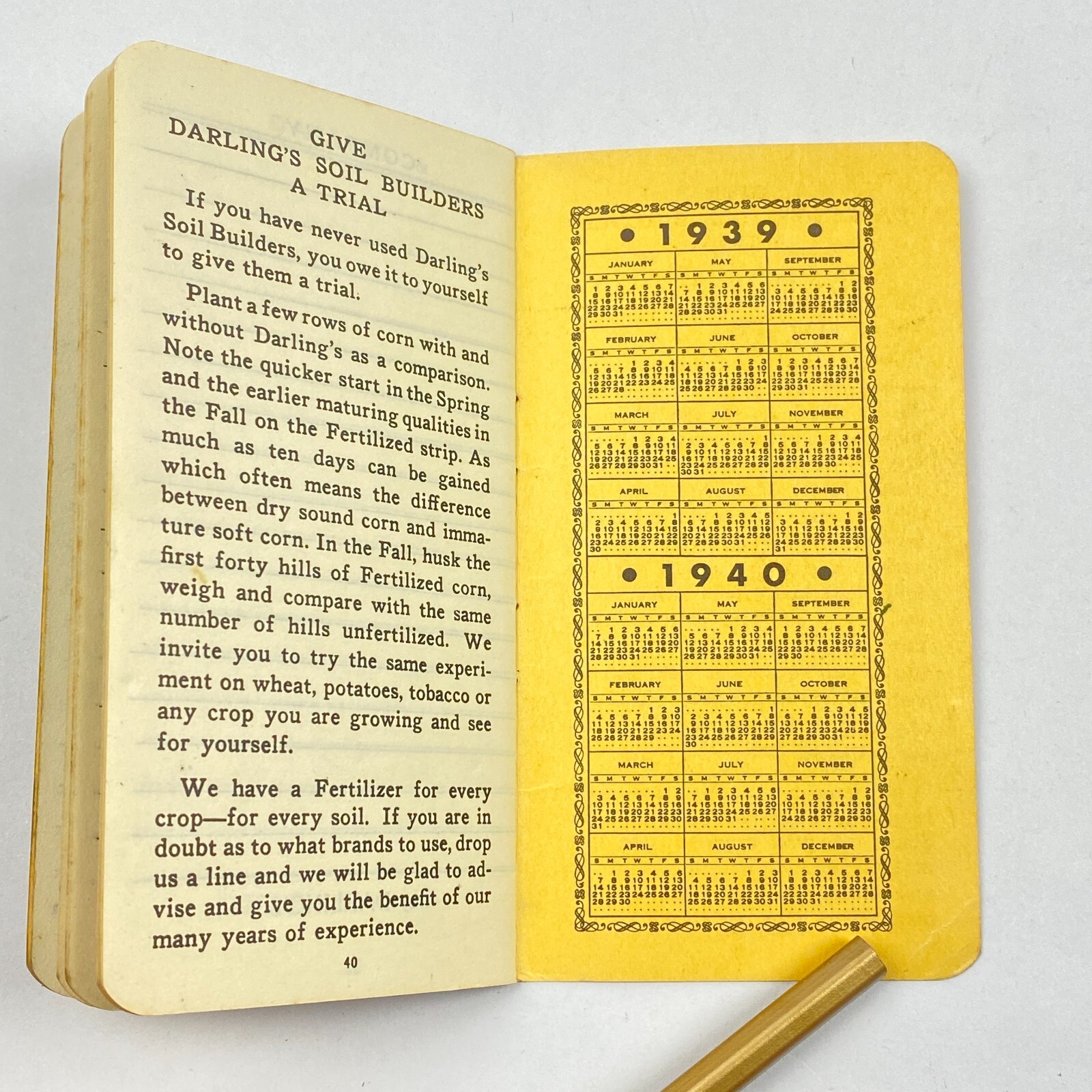 1939 Darling’s Soil Builders Note Pad Pocket Calendar Memo Fertilizer US Vintage
