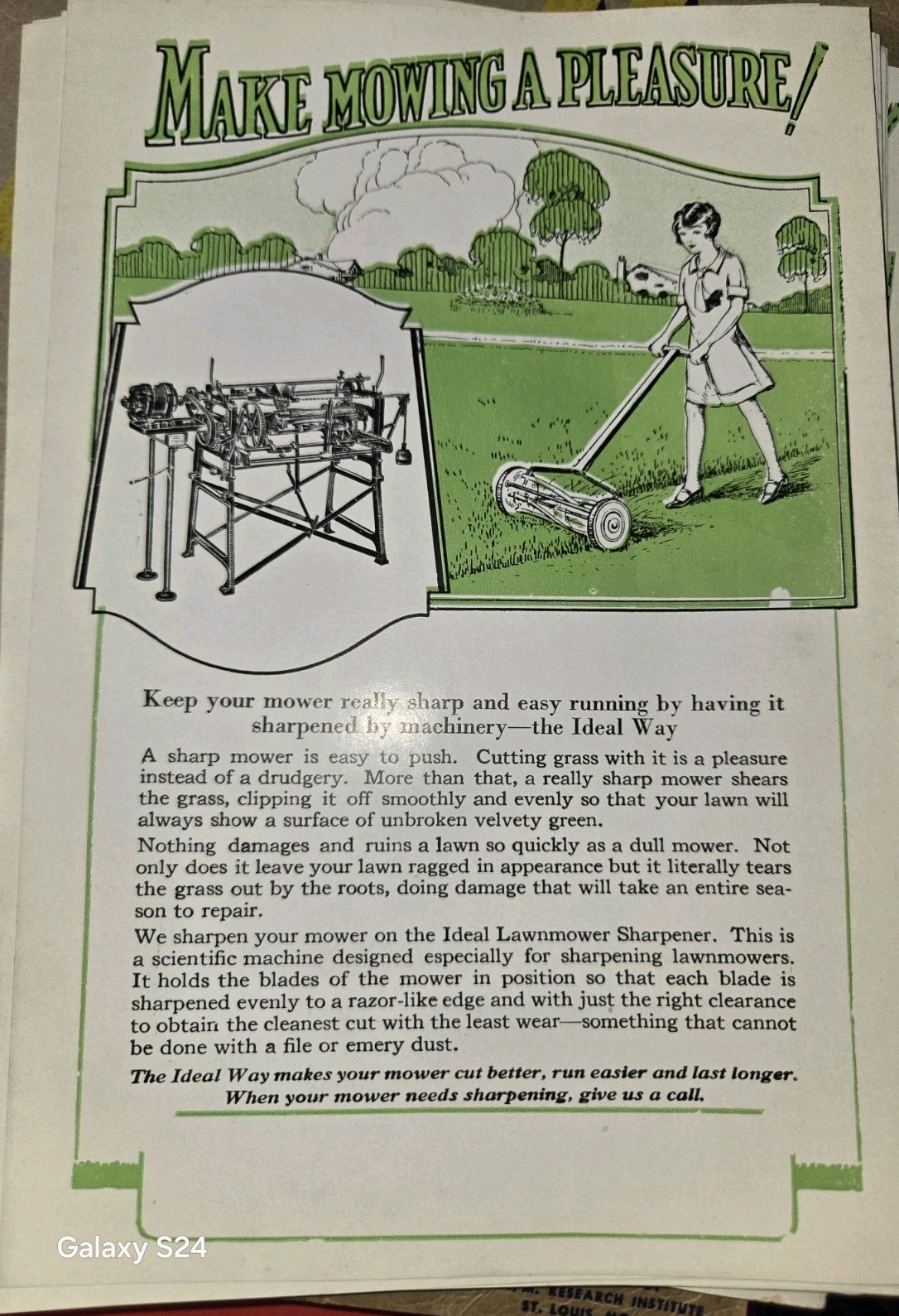LOT OF 17 IDEAL WAY LAWNMOWER “MAKE MOWING A PLEASURE ” SHARPENING ADVERTISEMENT