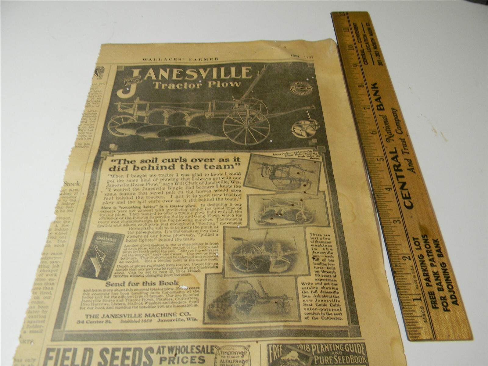 Vintage 1917 Janseville Machine Co. Tractor Plow Man Cave 1910’s Print Ad 5A11