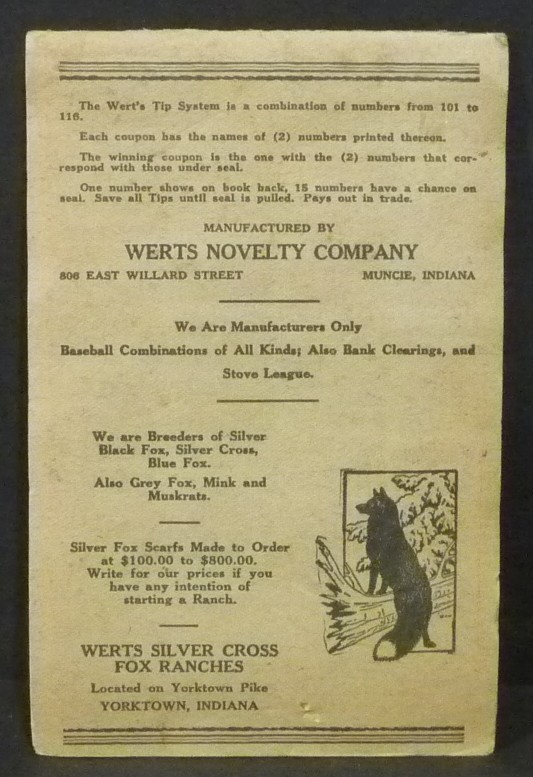 Nice 1930’s “Werts Ten” Baseball Gaming Pull Tabs Booklet 120 Tabs Complete