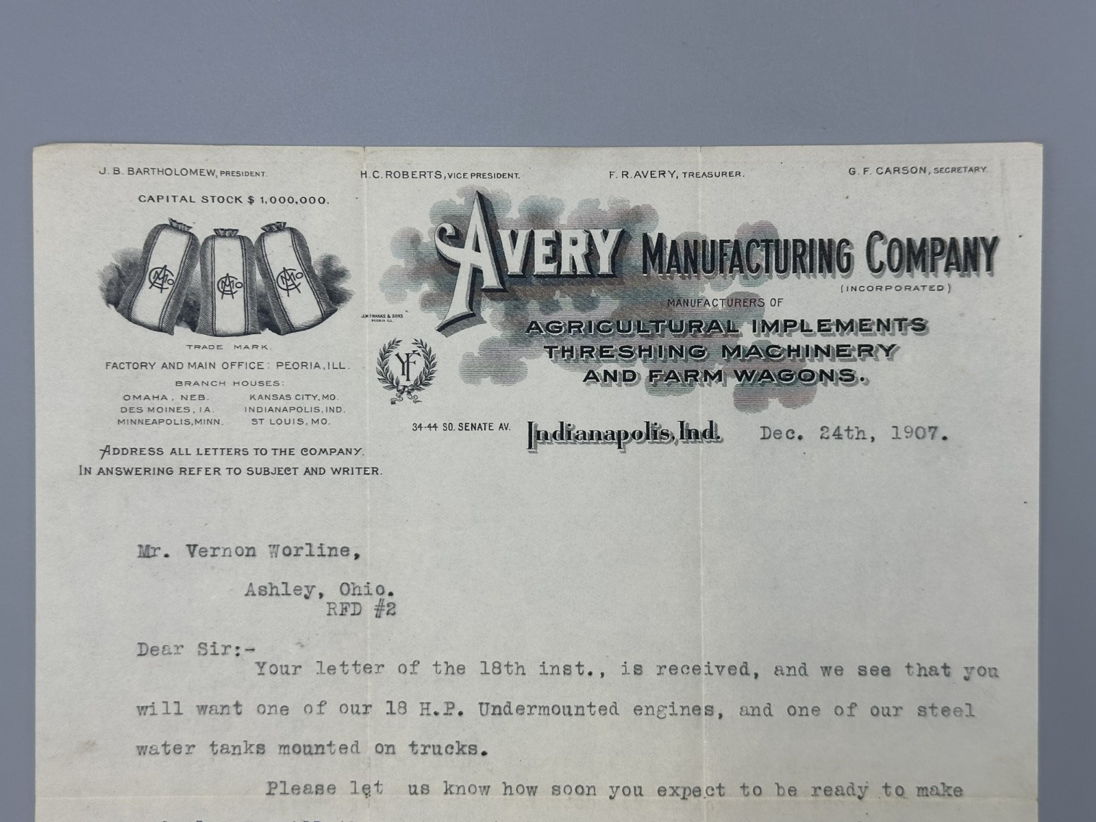 1907 AVERY Manufacturing Letter FARM Advertising INDIANAPOLIS Threshing WAGONS