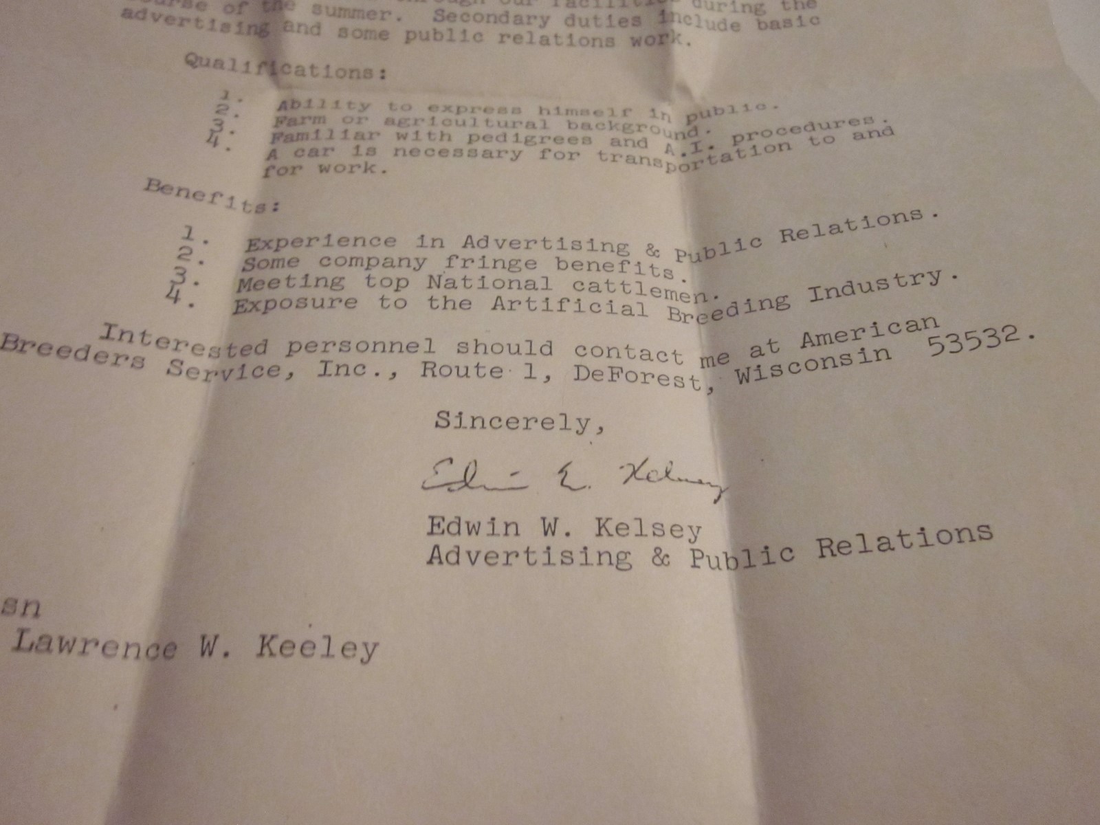 1969 American Breeders Service ABS letterhead paper job opening