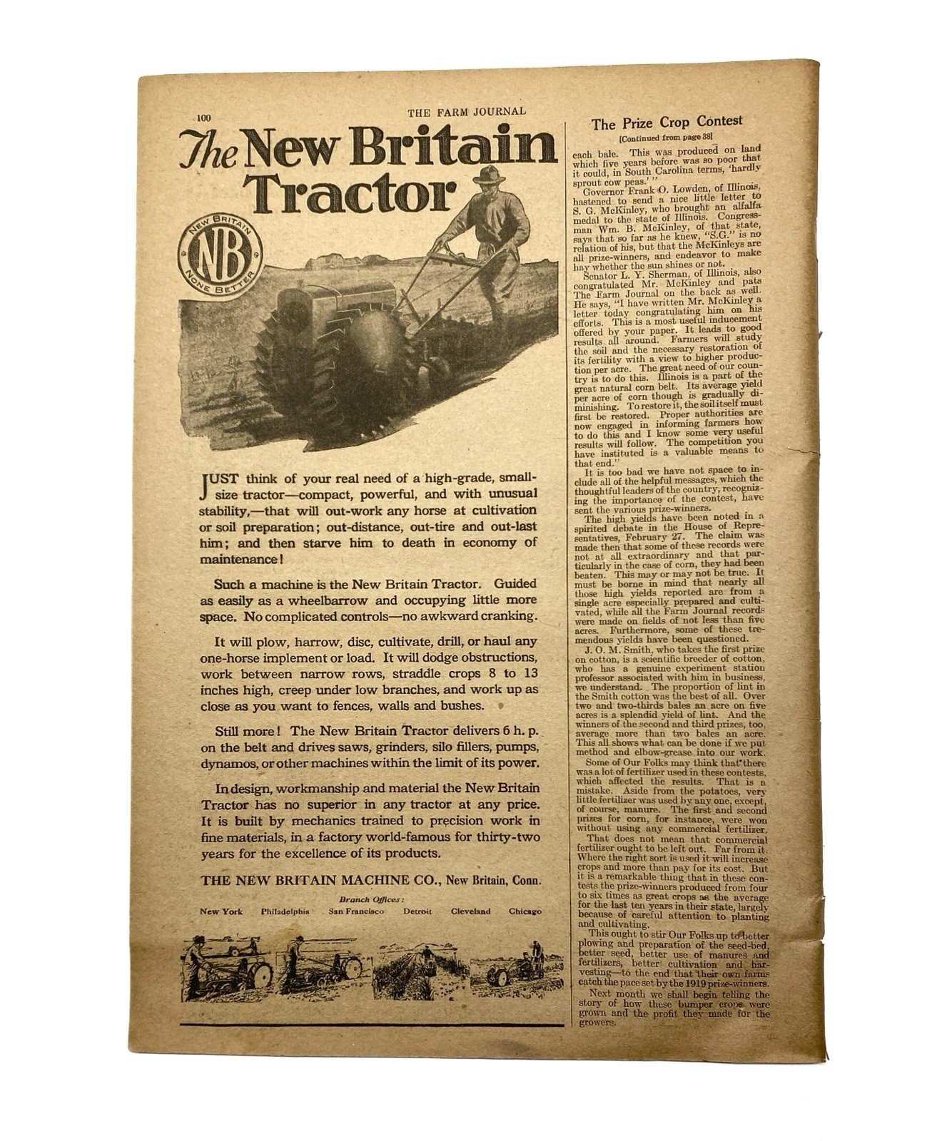 1920 The New Britain Farm Tractor Print Ad Compact Plow Farming Britain CT