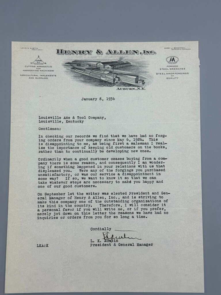 1936 HARVESTER Henry & Allen FARM IMPLEMENTS Advertising Letterhead AUBURN NY