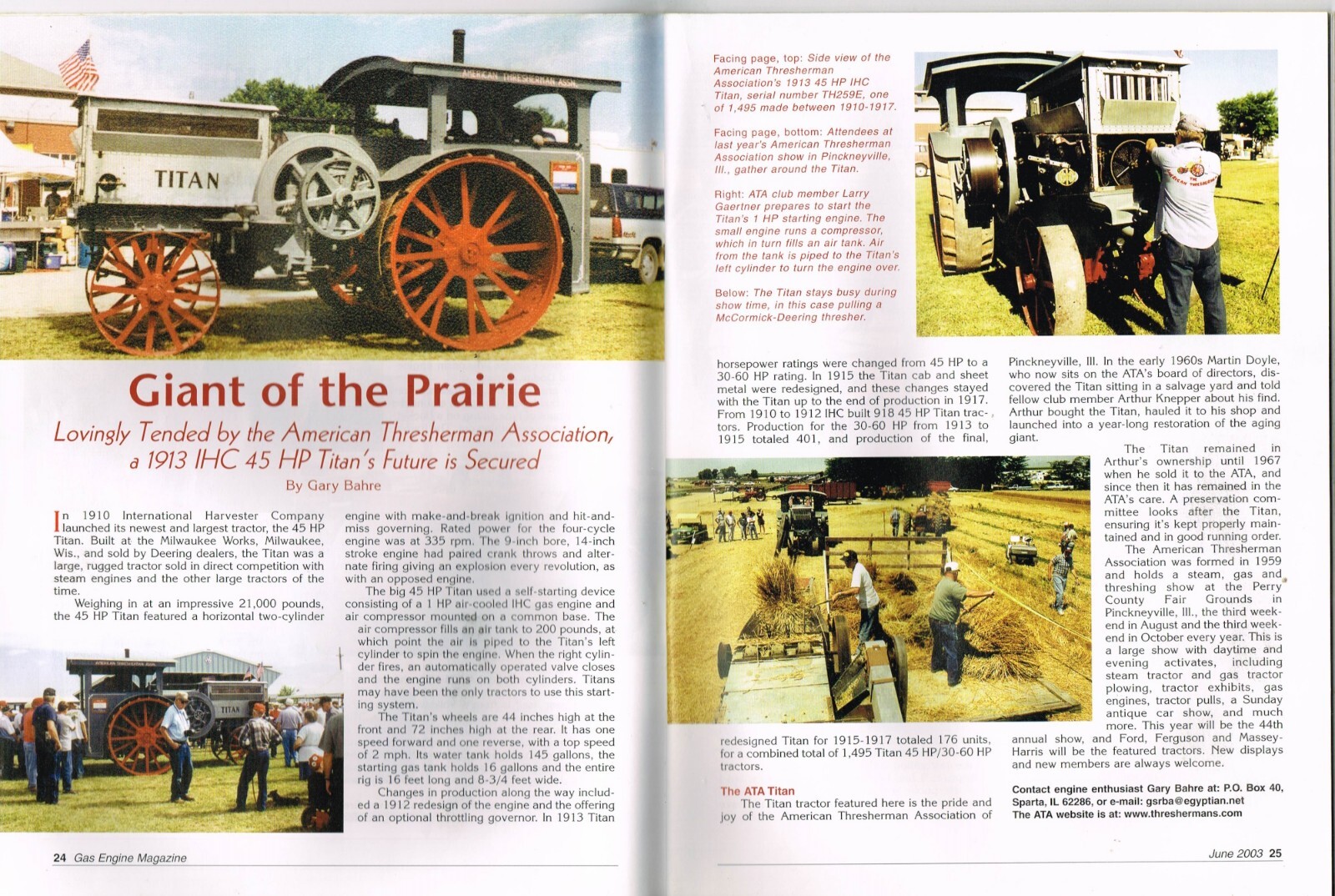 GAS ENGINE magazine June 2003, Yuba Ball Tread, IHC 45HP Titan