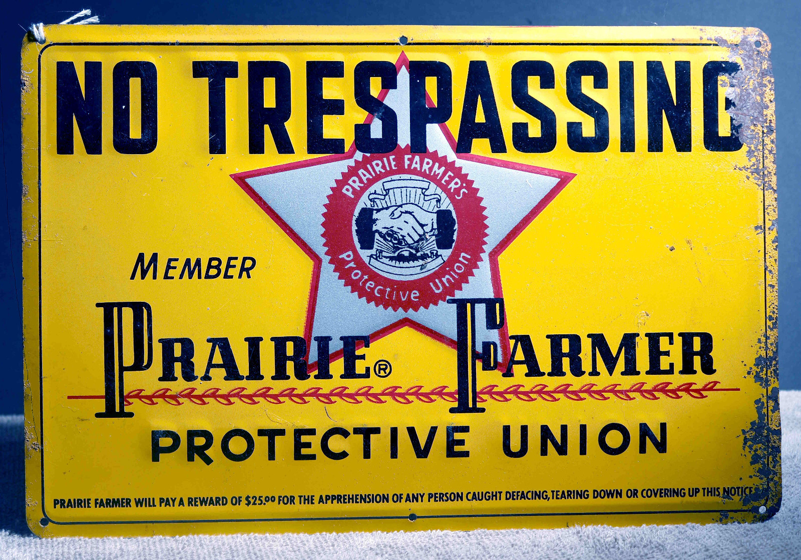 Vintage Tin Prairie Farmer Protective Union No Trespassing Sign WLS Chicago