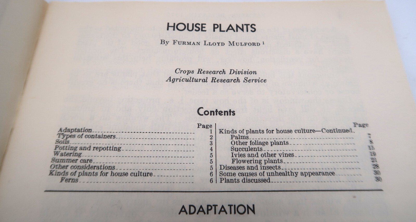 1941 USDA Farmers’ Bulletin No. 1872 House Plants Ephemera Furman Lloyd Mulford