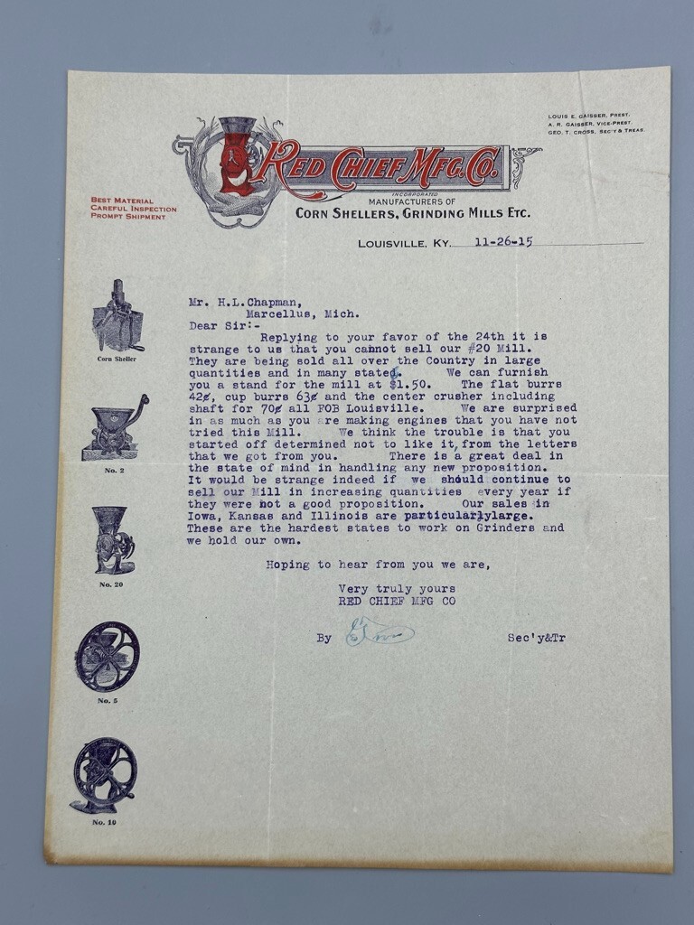 1915 RED CHIEF MILL Corn Sheller FARM Advertising Antique Letter LOUISVILLE KY