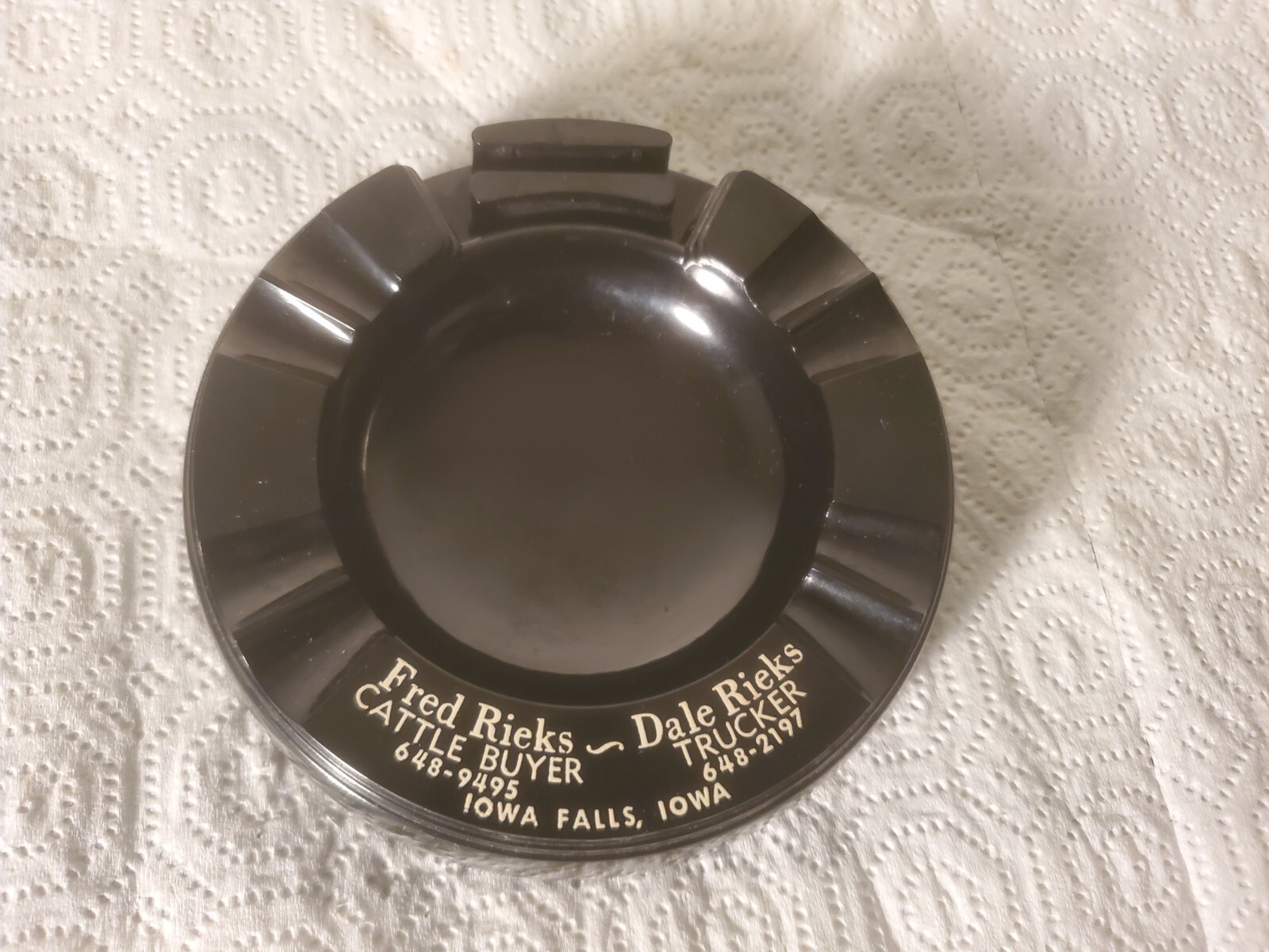 5″ Plastic Ashtray Fred & Dale Rieks Iowa Falls Iowa Trucker Cattle Buyer