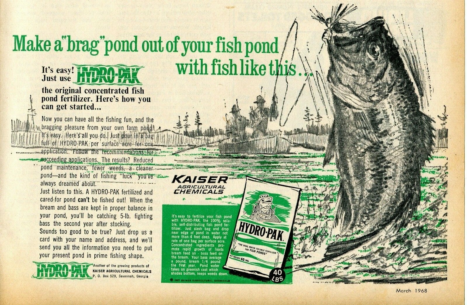 1968 Print Ad of Kaiser Agricultural Chemicals Hydro-Pak “Brag” Fish Pond