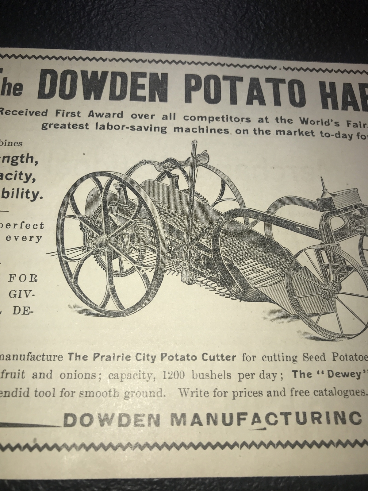 1900 Dowden Potato Harvester Farm Advertising – Prairie City – Iowa