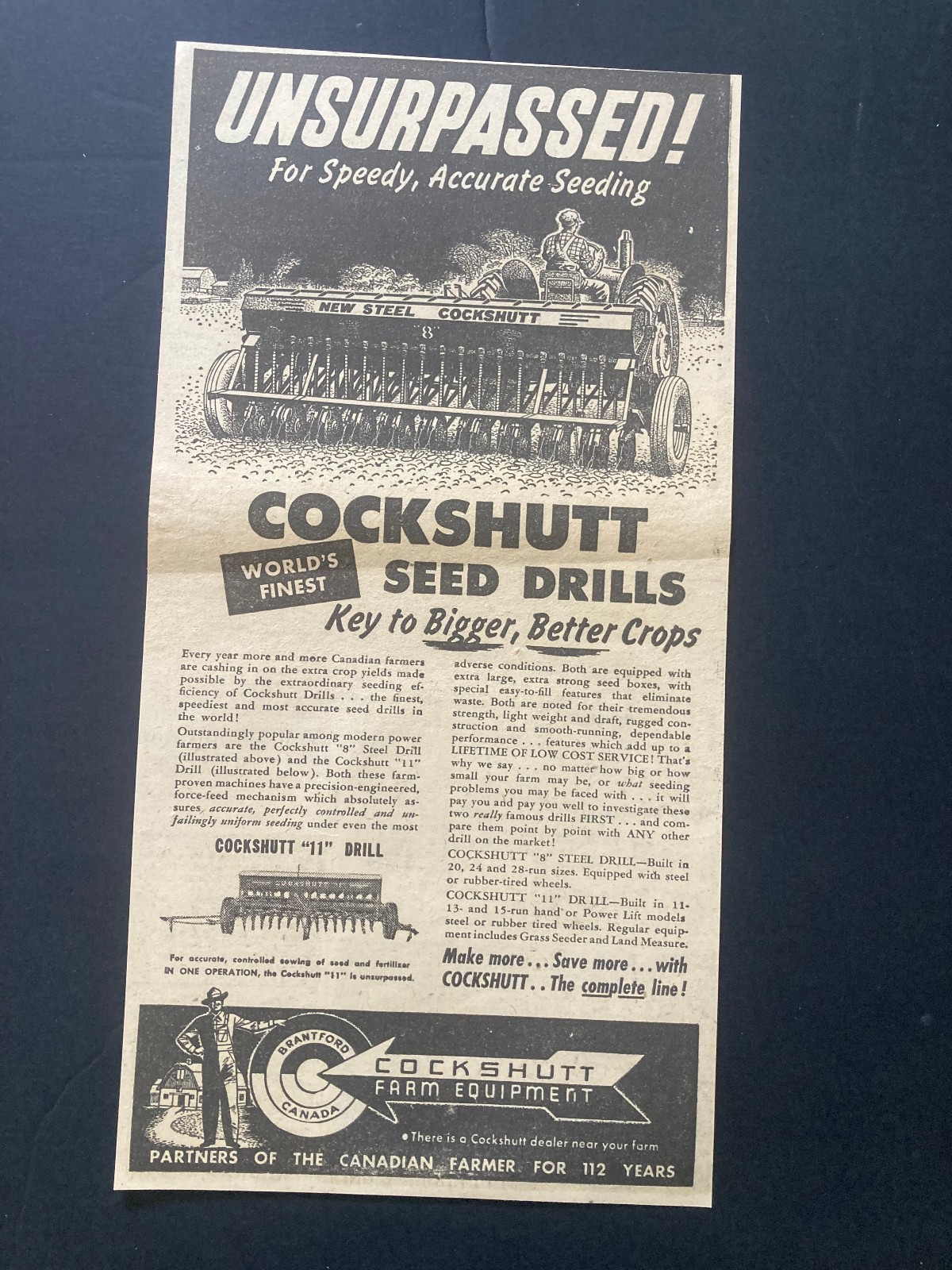1951 CANADIAN COCKSHUTT TRACTOR AD CANADA MODEL 11 SEED DRLL