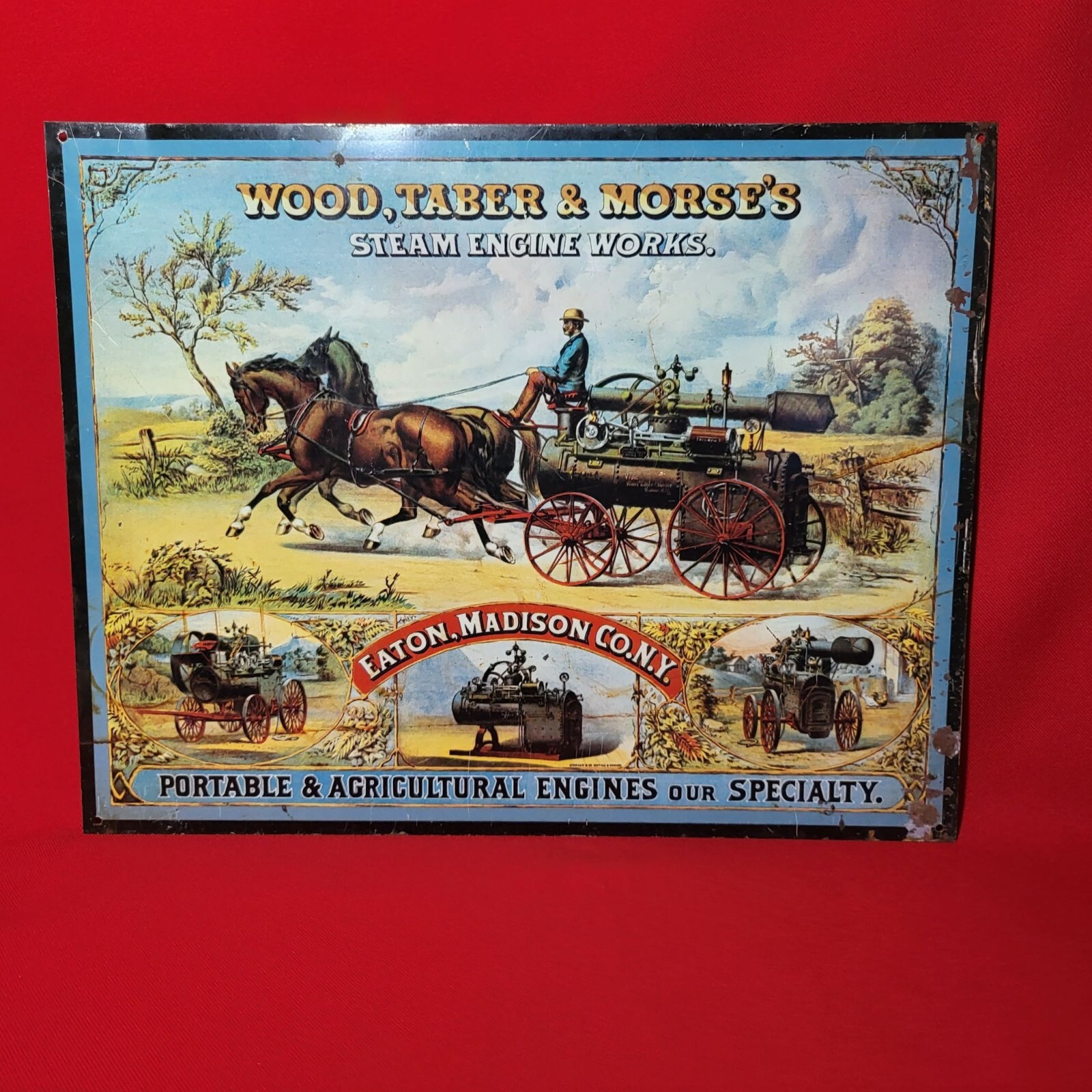 Vintage Repro Wood Taber & Morse’s Steam Engine Works Tin Sign Advertising