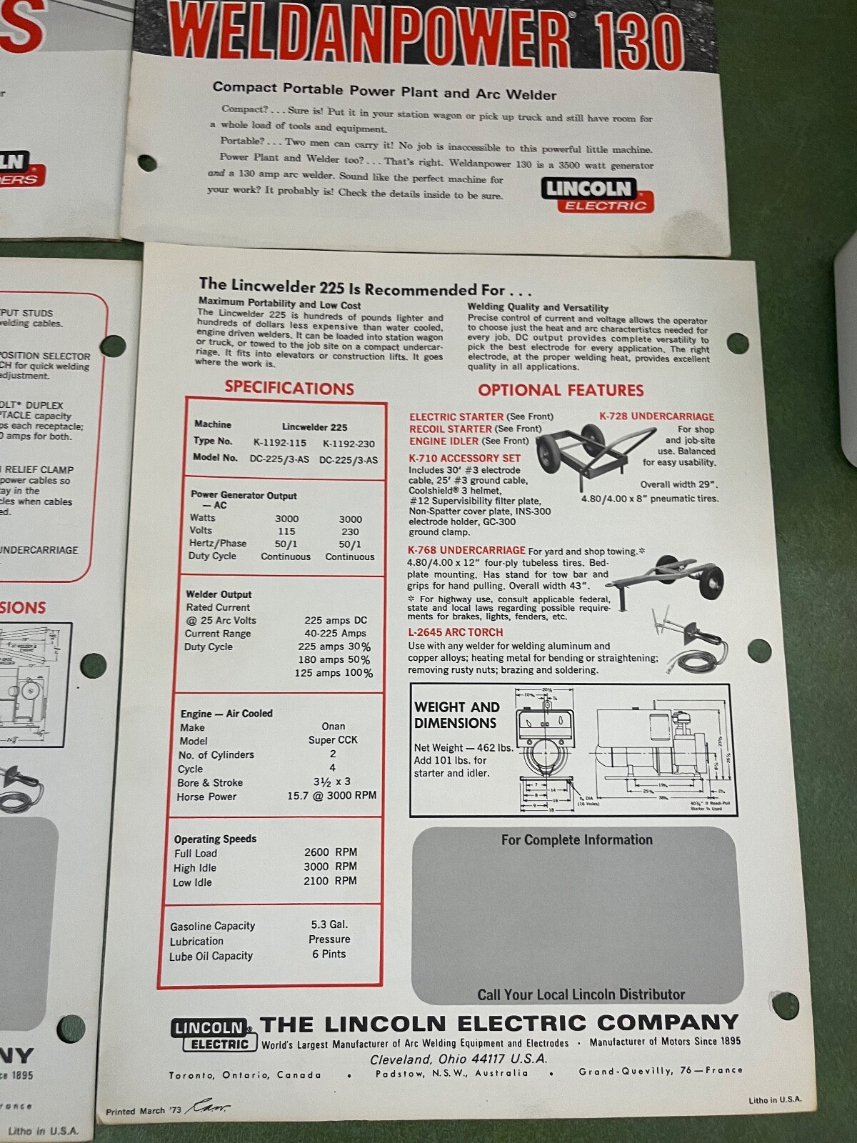 Vitnage Lincoln Welder Advertising Brochures/ Single Page Ads