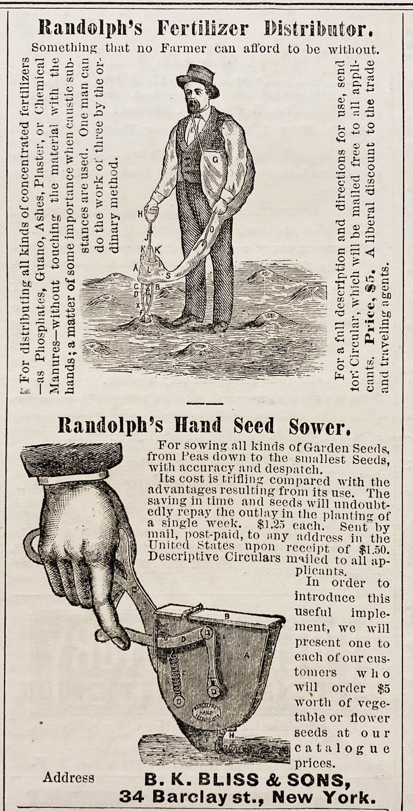 1876 AD.(XH70)~RANDOLPH’S FERTILIZER DISTRIBUTOR AND HAND SEED SOWER