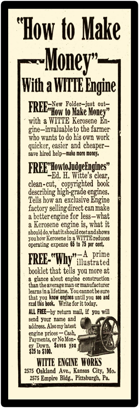 Witte Engine Works Kerosene Engine Sign, 12″ x 36″ USA STEEL XL Size – 4 lbs