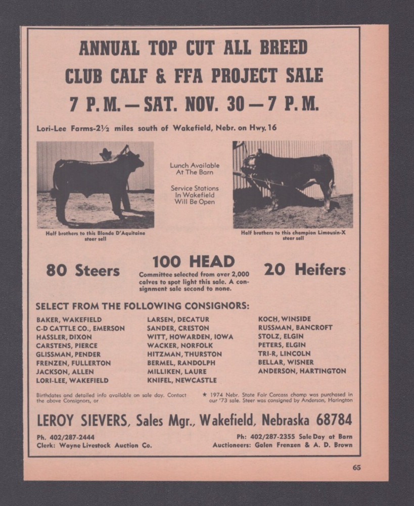 1974 Print Ad Leroy Sievers Wakefield NE Annual Top Cut All Breed Club Calf FFA