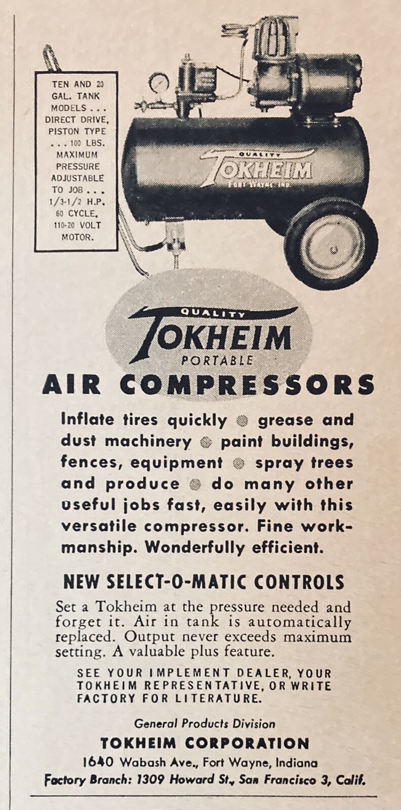 1954 AD.(XH53)~TOKHEIM CO. FORT WAYNE, IND. TOKHEIM PORTABLE AIR COMPRESSORS
