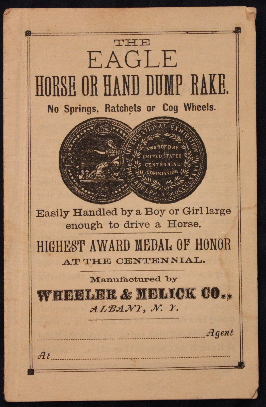 Original 1800s Eagle Horse or Hand Dump Rake Advertising Leaflet