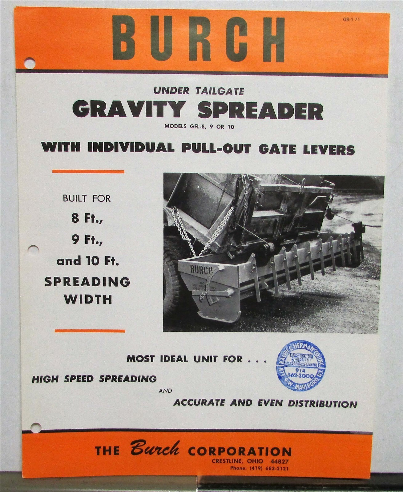 1971 Burch Gravity Spreader GFL 8 9 10Construction Sales Data Sheet