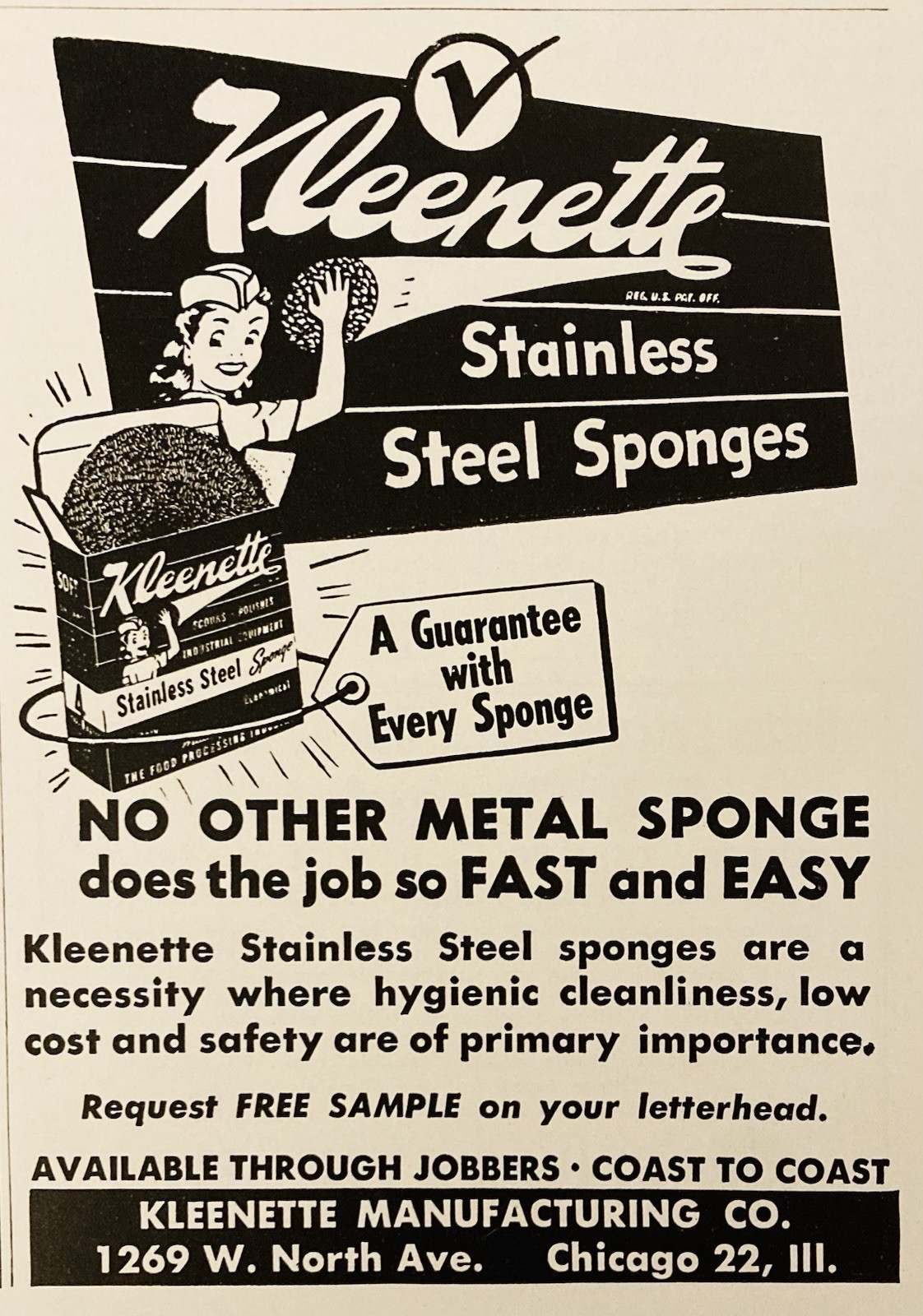 1951 AD.(PC10)~KLEENETTE MFG. CO. CHICAGO. KLEENETTE STAINLESS STEEL SPONGES