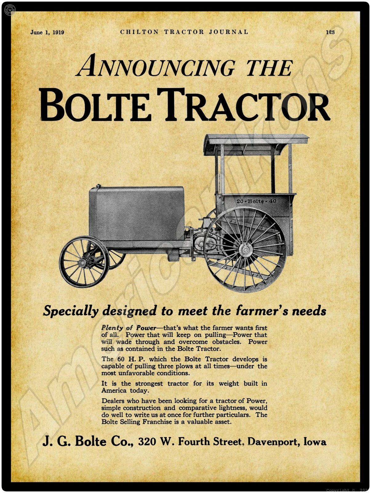 1919 Bolte Tractors, Davenport New Metal Sign: LARGE SIZE 12 X 16 Free Shipping