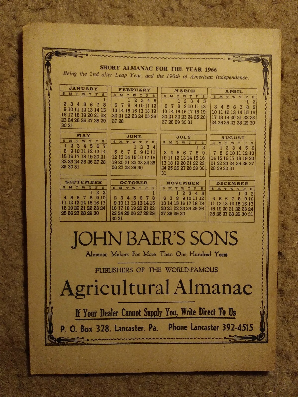 Agricultural Almanac Vol #141 1966 John Baers Sons Lancaster PA