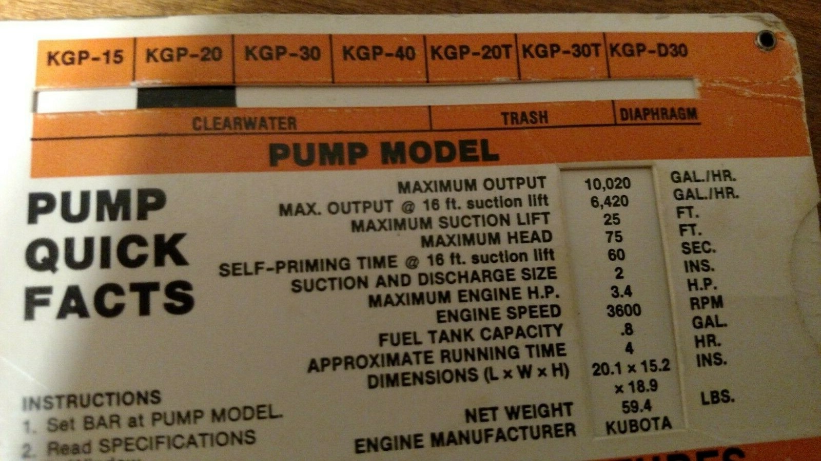 KUBOTA GENERATOR & PUMPS QUICK FACT SLIDE CHART FROM 1986 ****DEALER USE****
