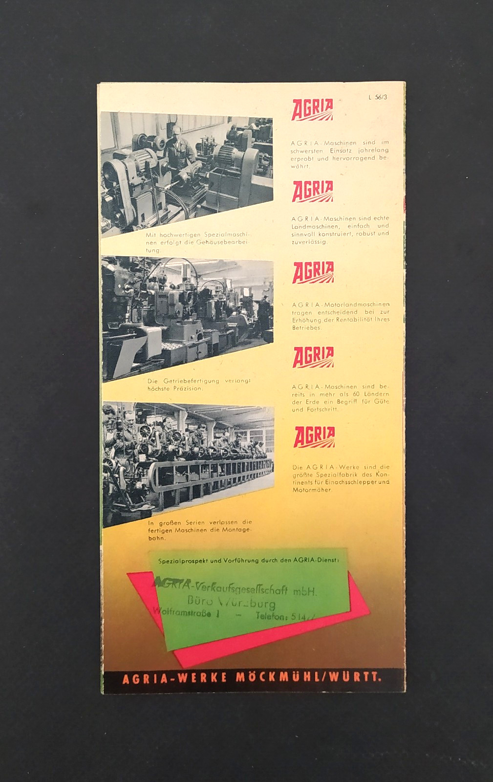 VINTAGE AGRIA UNIVERSAL SINGLE-AXLE TRACTOR-MOWER BROCHURE 1956